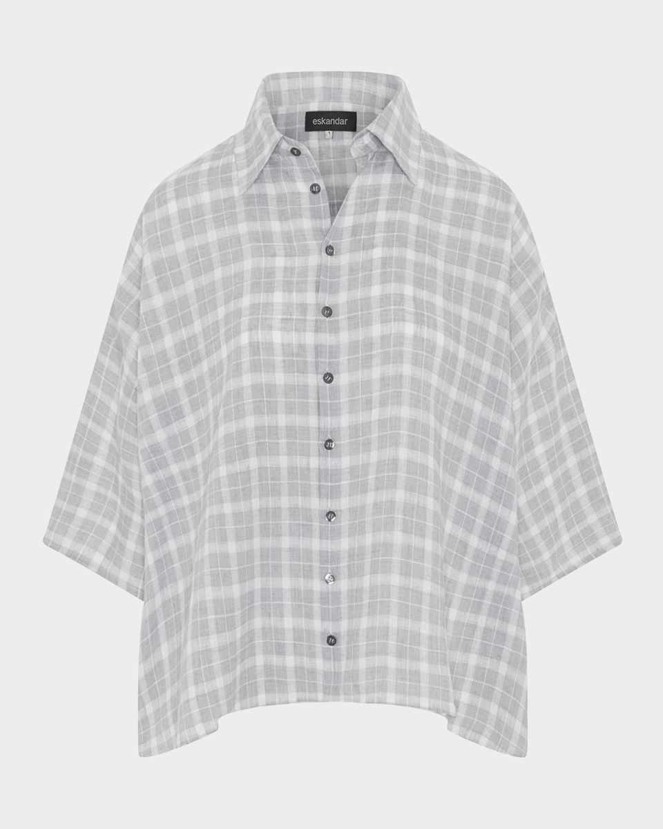 Sloped-Shoulder Wide A-Line Short-Sleeve Shirt With Collar (Mid Length)
